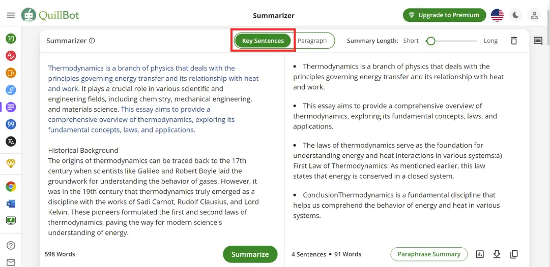 quillbot summarizer in key sentences mode