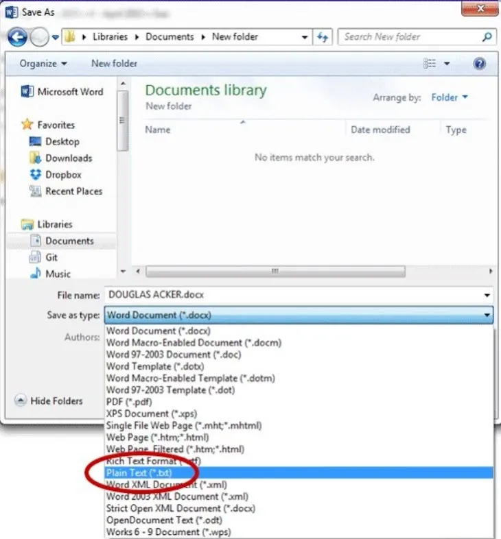 save as text in word