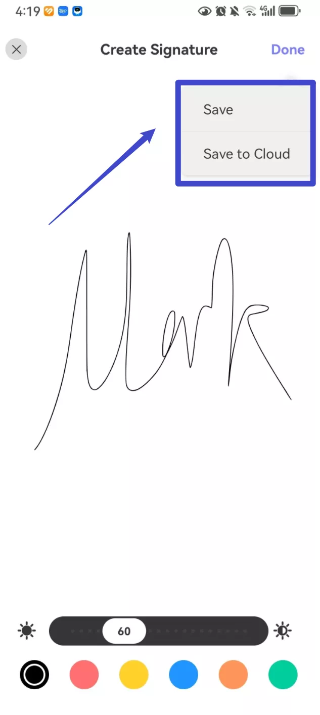 click done button to save the image siganture in updf for android