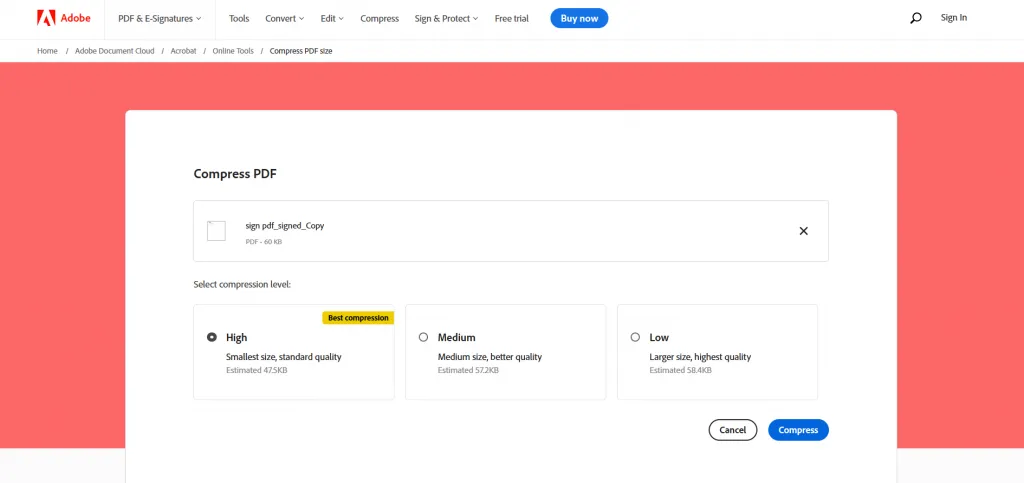 Select compression quality in Adobe website