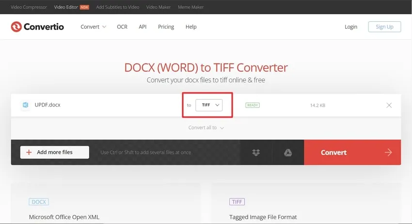 select tiff as output format in convertio