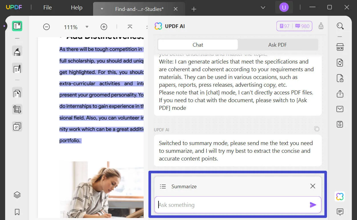 Summarize a book with UPDF AI chat mode