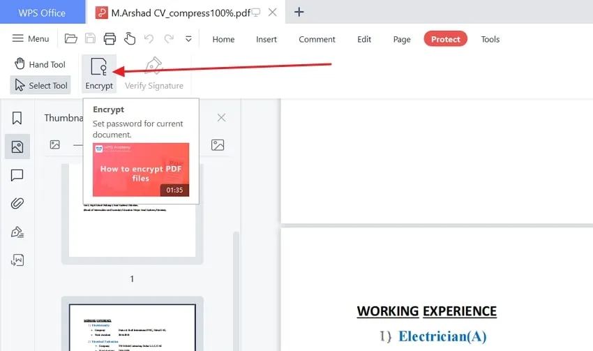 tap on the encrypt tool in wps