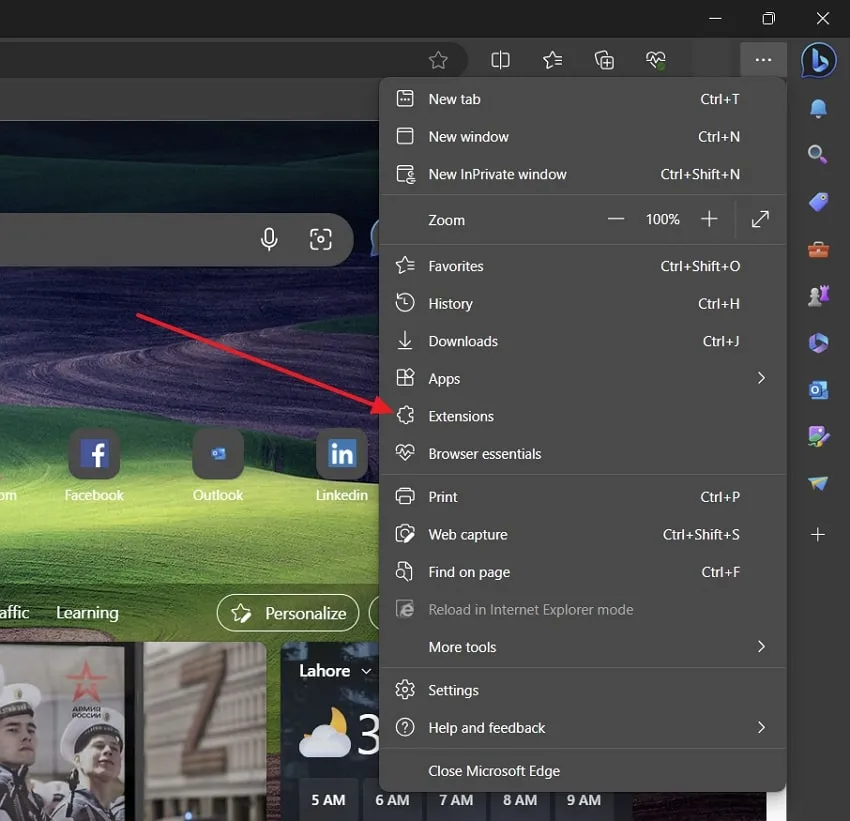 Tippen Sie in Microsoft Edge auf die Erweiterungsoption