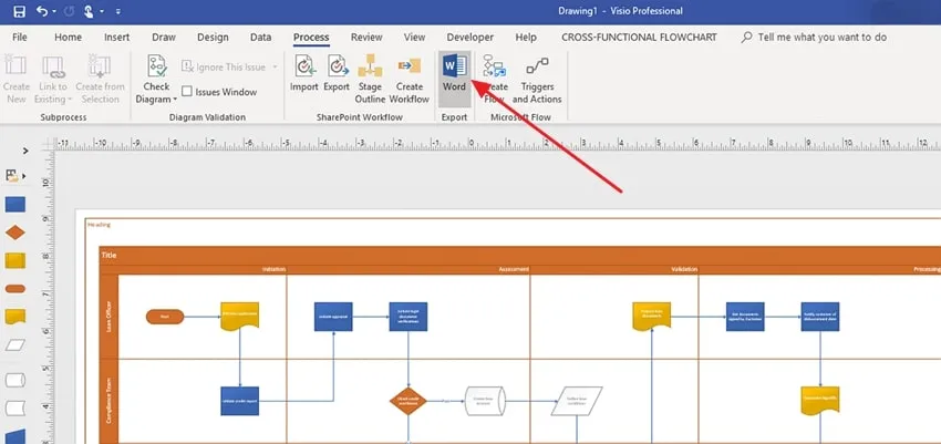 tap on word option in microsoft visio
