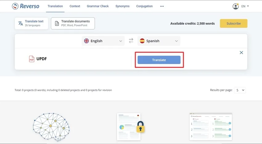 tap the translate button in reverso