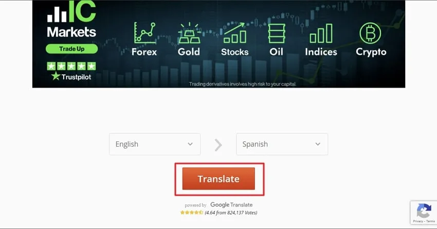 click on translate button to translate english to spanish in onlinedoctranslator