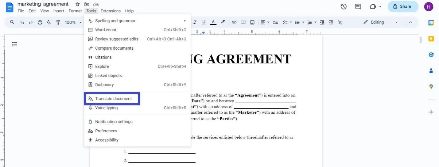 english to spanish document translation