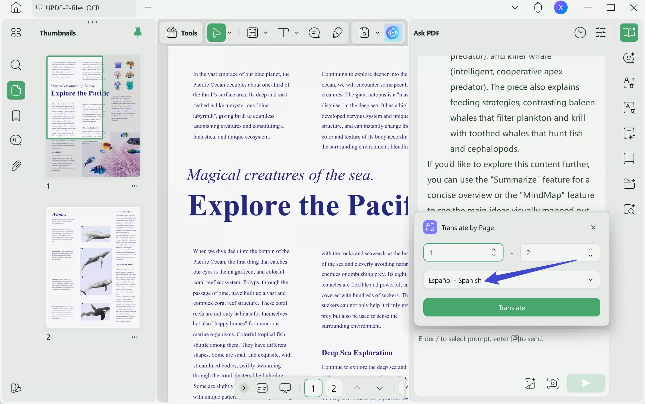 translate a Spanish PDF to English using UPDF