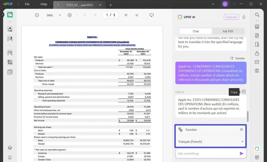 Translate PDF file using UPDF AI