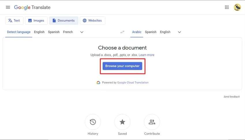 upload the pdf document in google translate