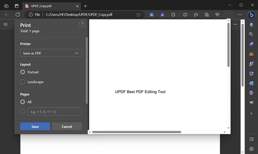 use the save as pdf printer in microsoft edge