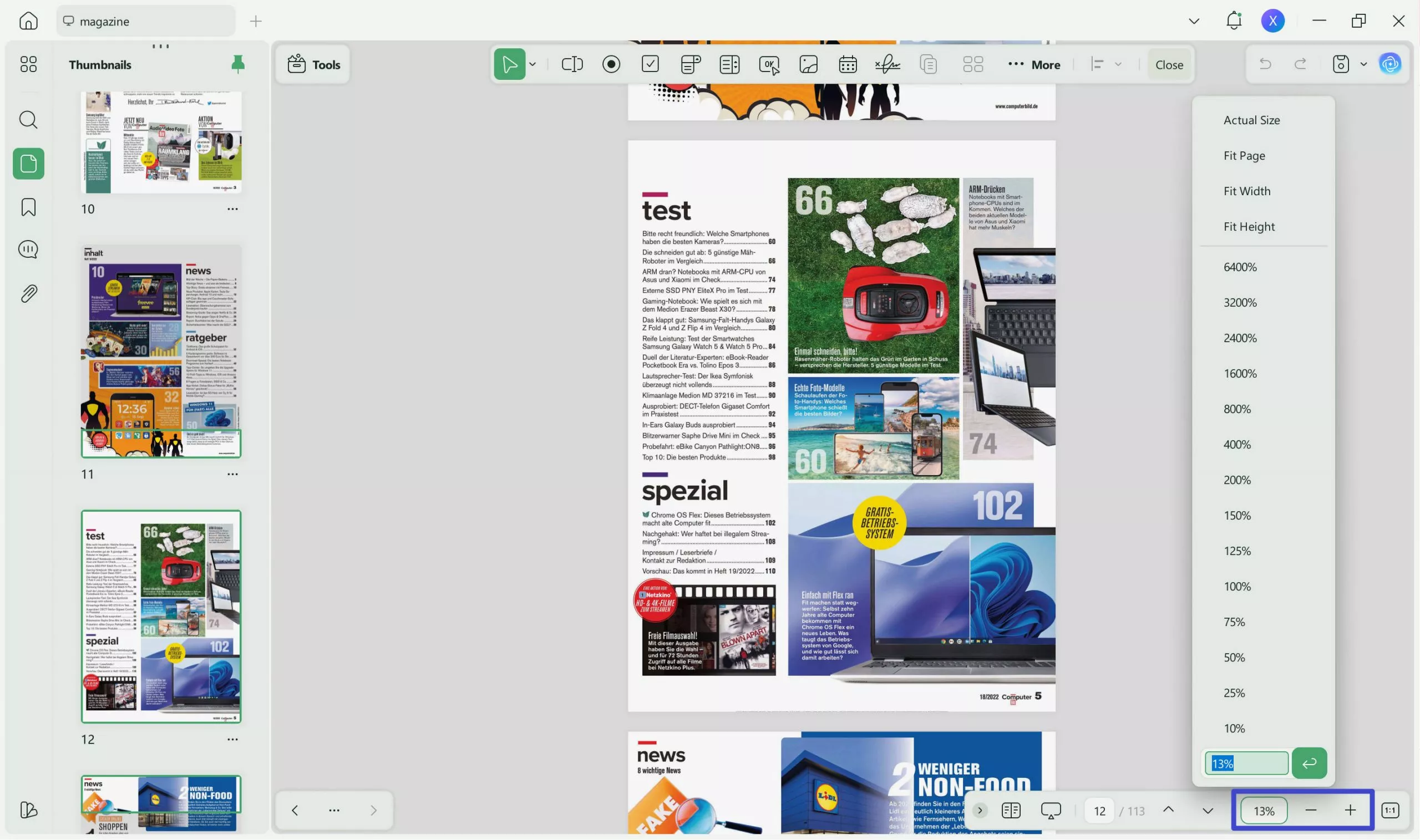 zoom in and out in reader mode