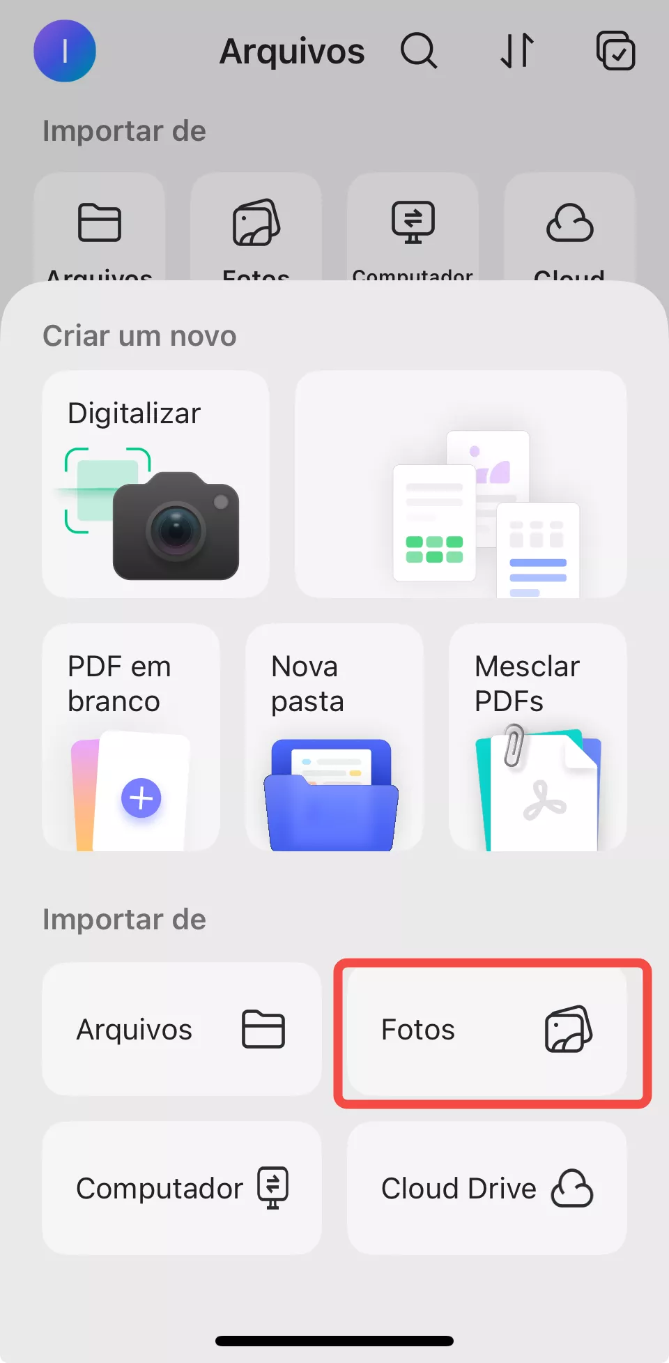importar fotos para o updf
