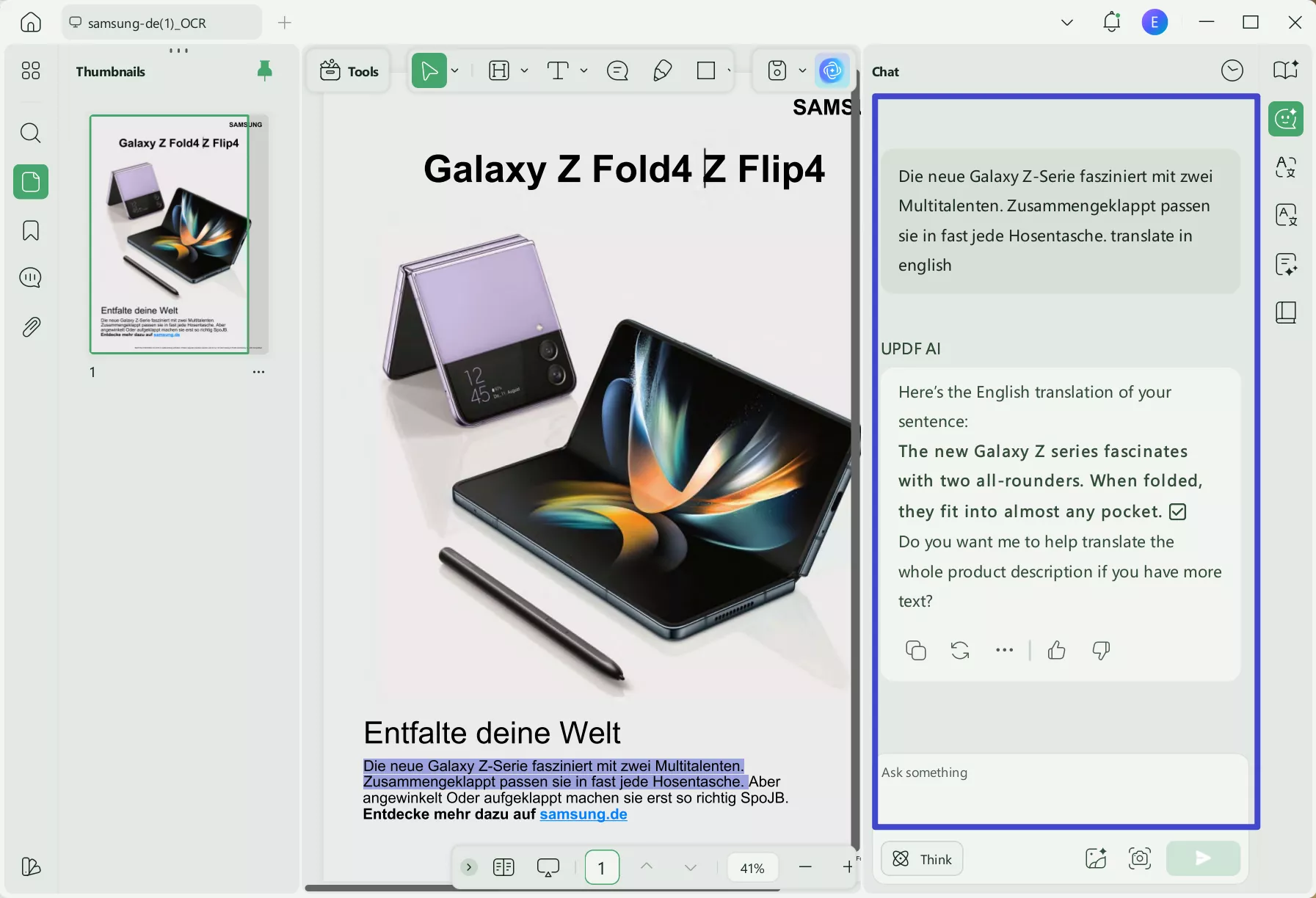translate pdf from german to english updf ai chat