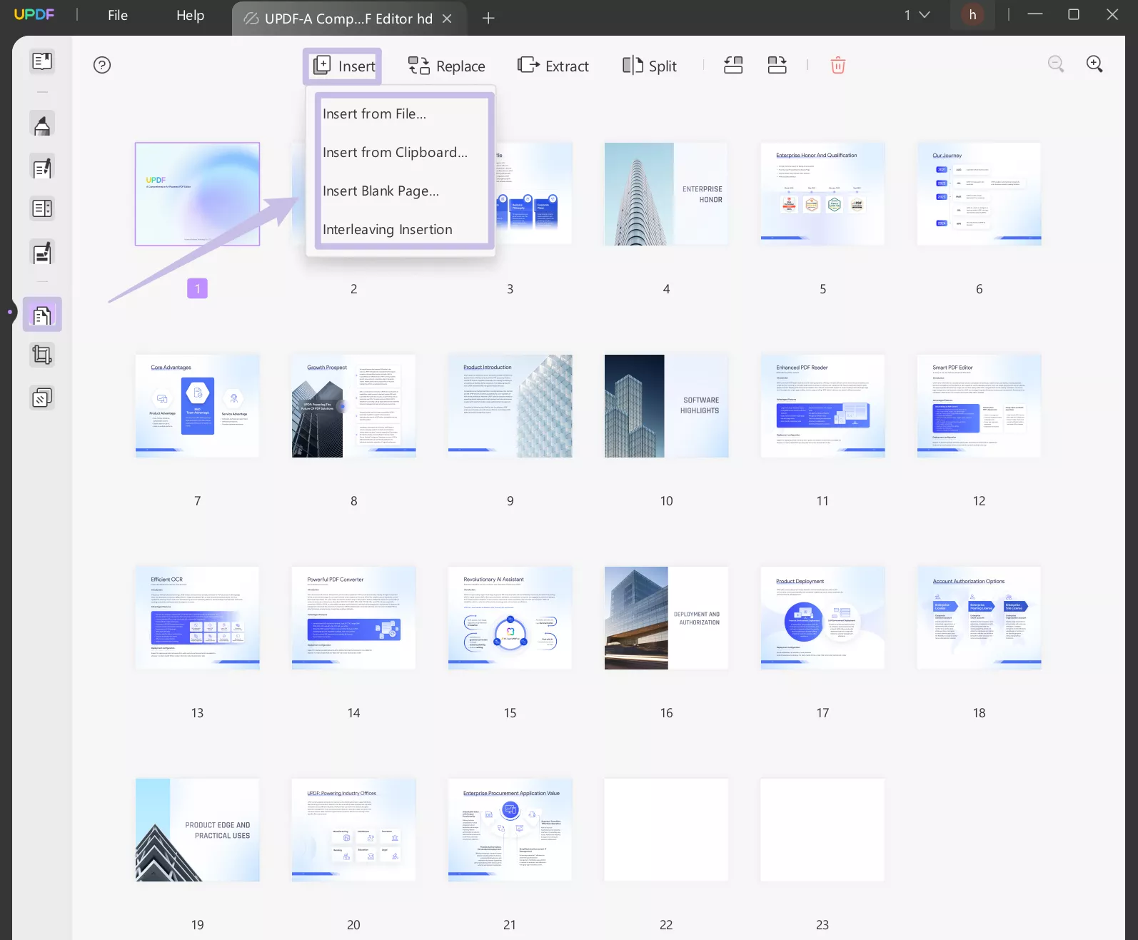 insert to merge updf windows