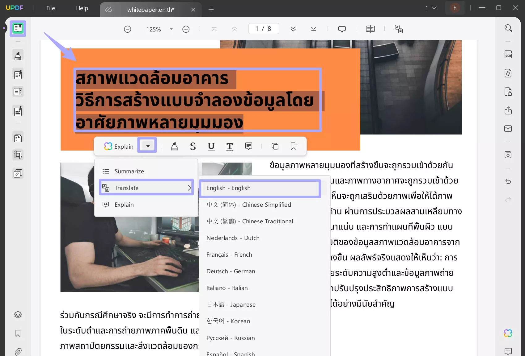 Select to translate thai to english with UPDF AI