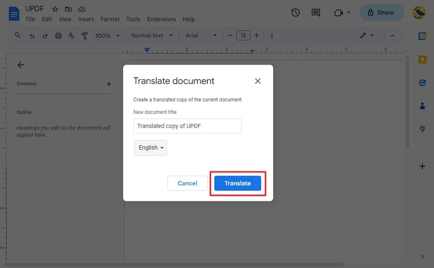 pdfの中国語を英語に翻訳する google docsの翻訳ボタンを押す