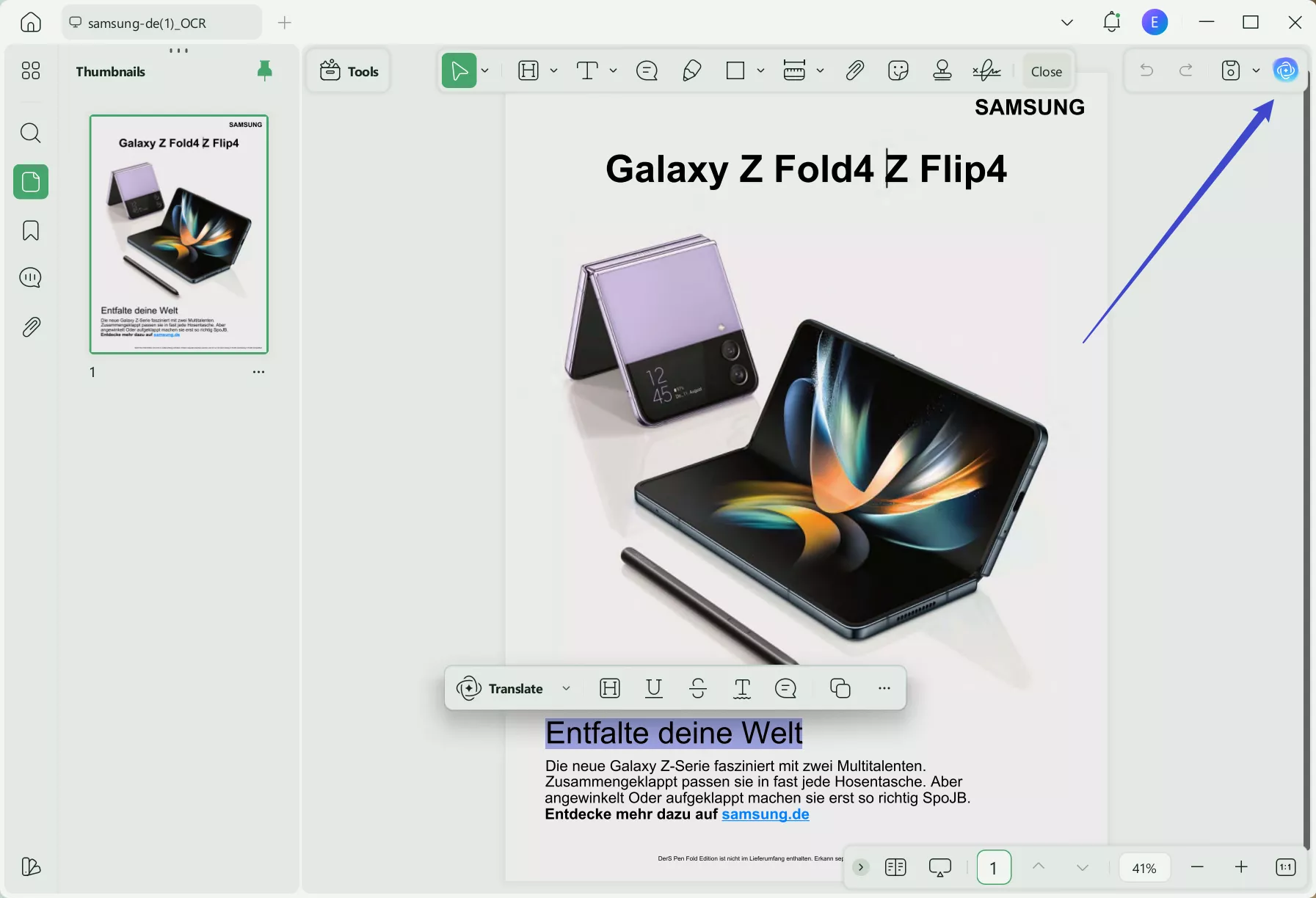 translate pdf from german to english updf ai icon