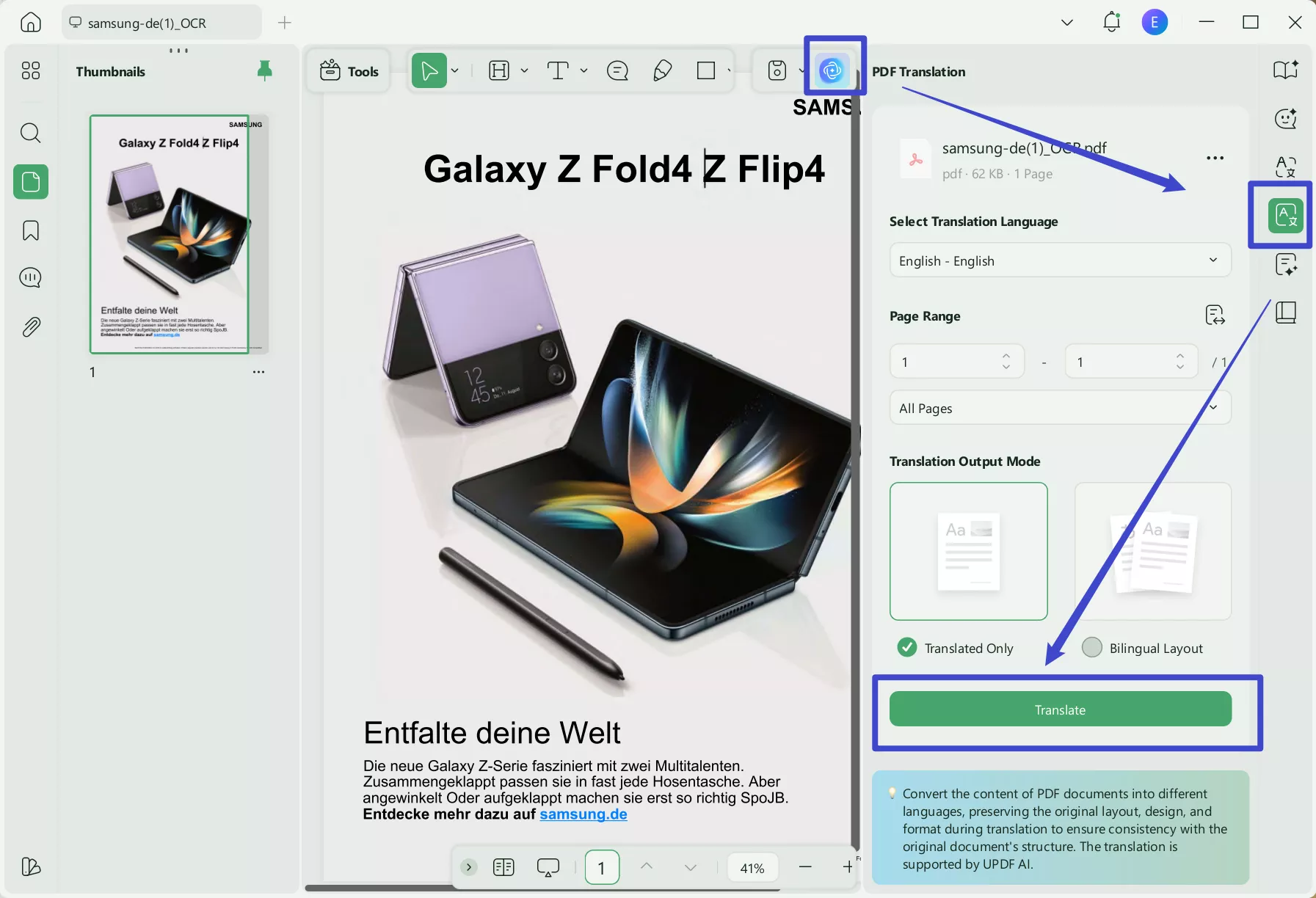 translate pdf from german to english translate button