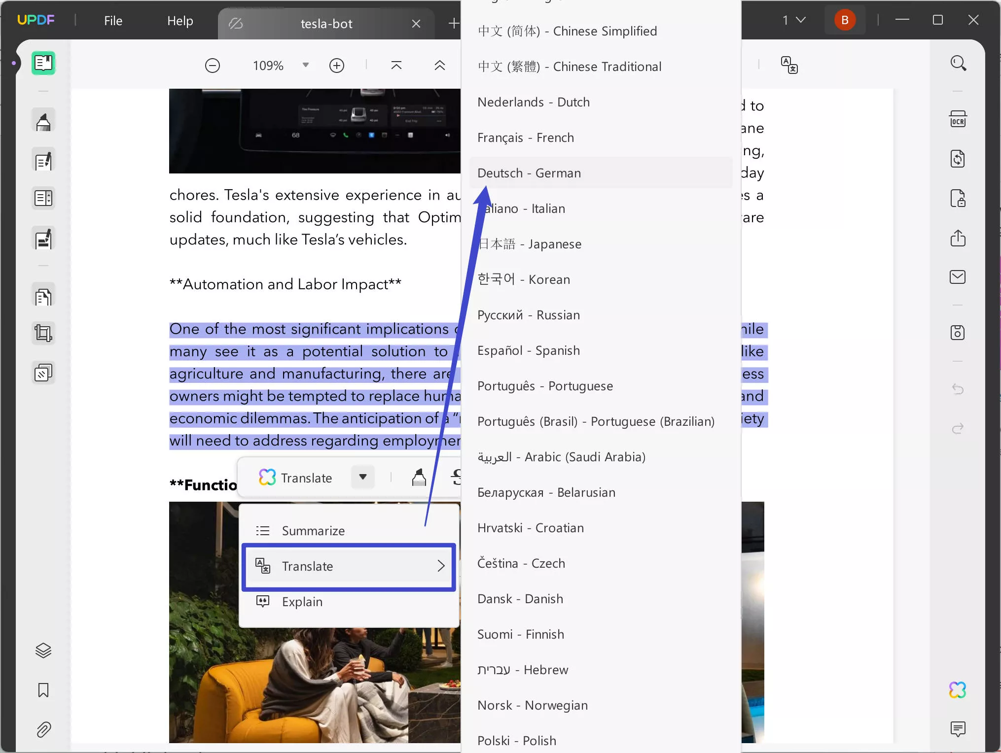 translate English PDF to German by directly selecting