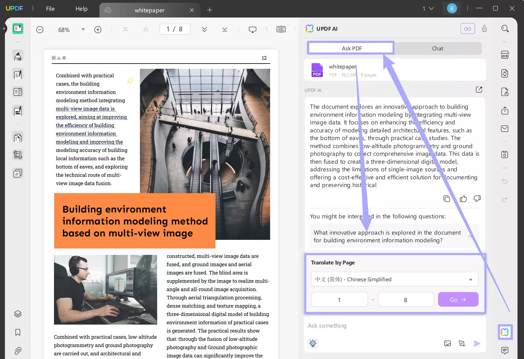 Translate by page with updf on Windows