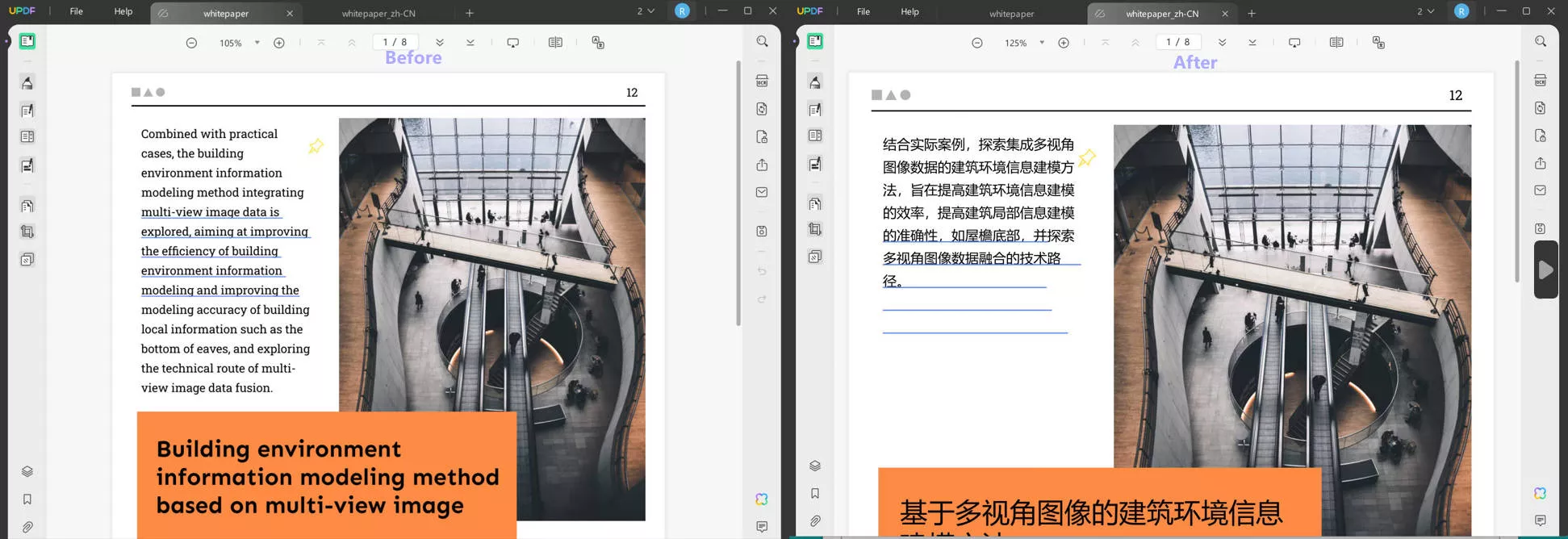 The effect of translating english to chinese with UPDF on Windows