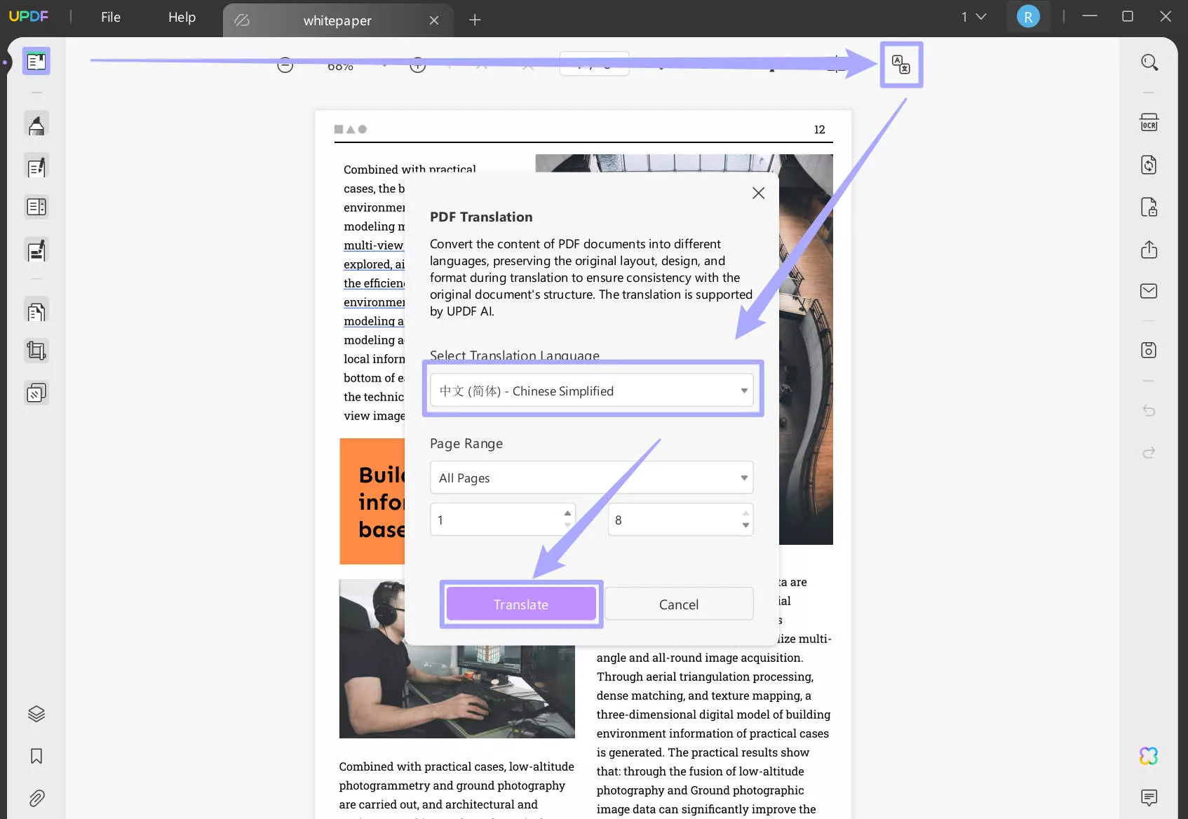 Translate english to chniese with updf on windows