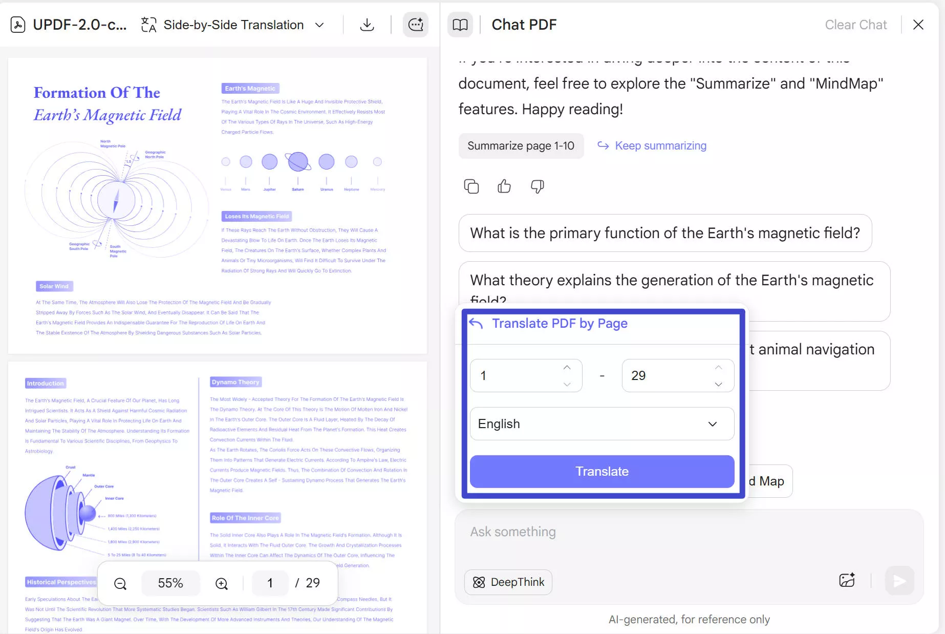 Translate by page from English PDF to Portuguese with UPDF on Windows.