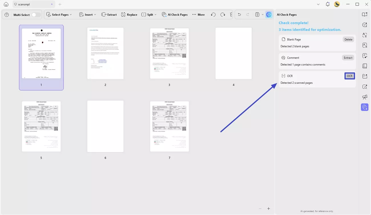 select ocr button for scanned pages
