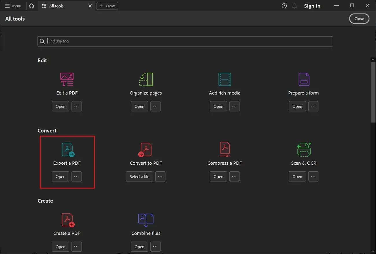 adobe acrobatで「PDFをエクスポート」を選択