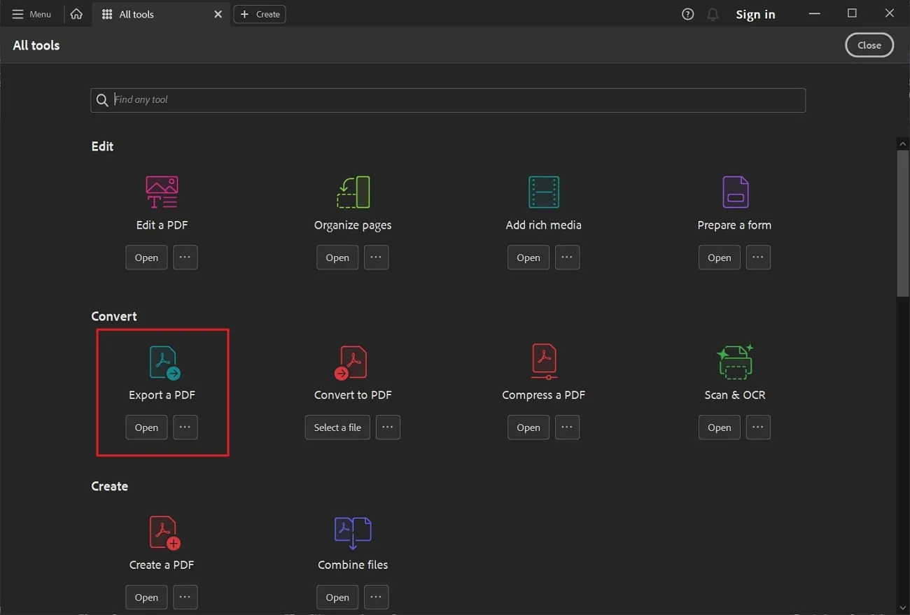 choose export a pdf tool in adobe acrobat