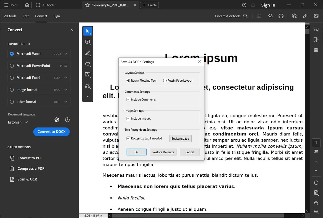 adobe acrobatでエクスポートの設定を調整する