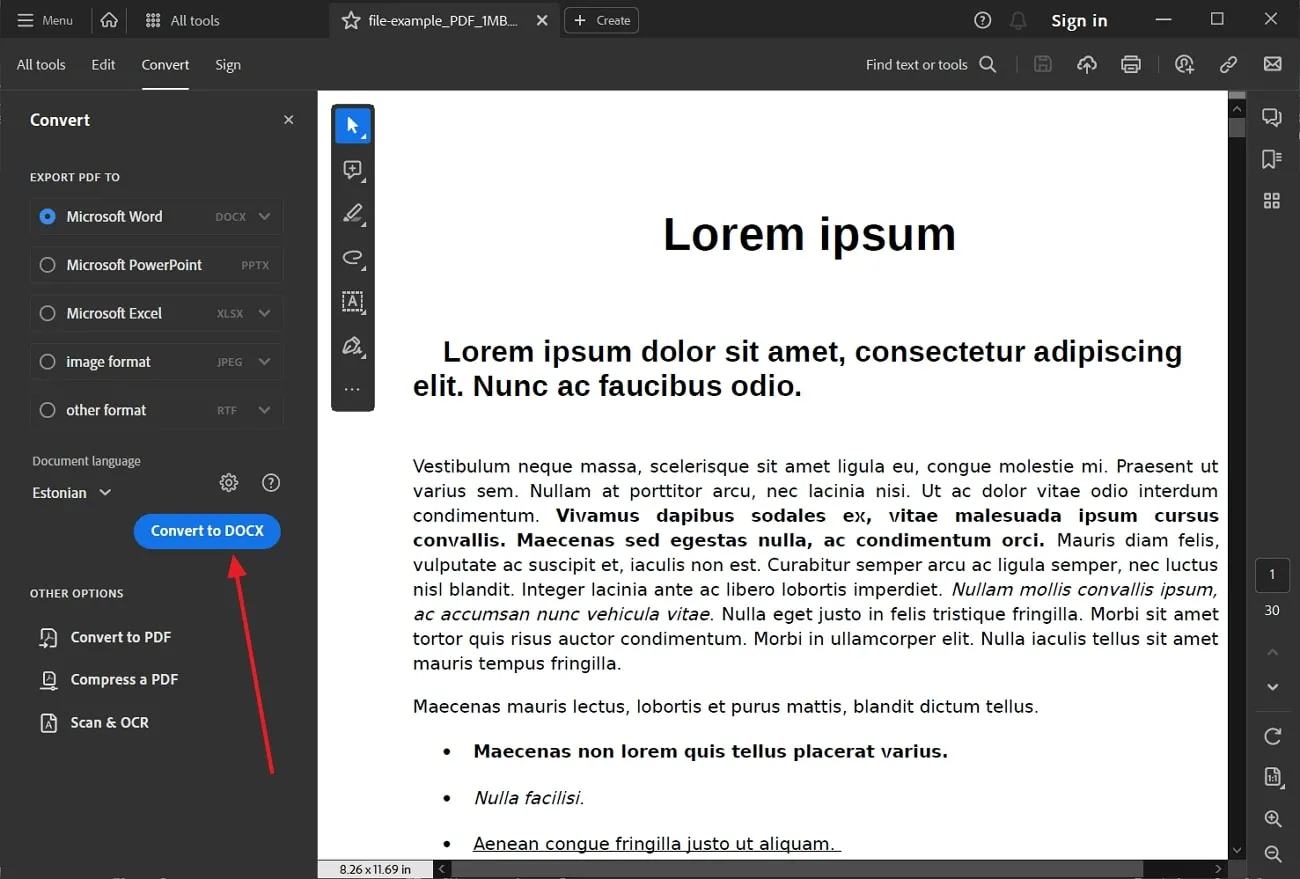 presione el botón convertir a docx en adobe acrobat