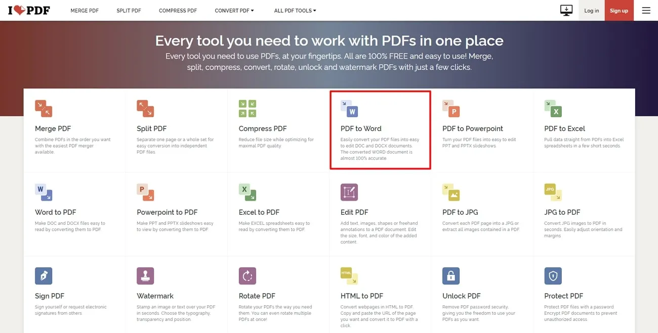 ilovepdfで「PDFからWord」ボタンをタブする