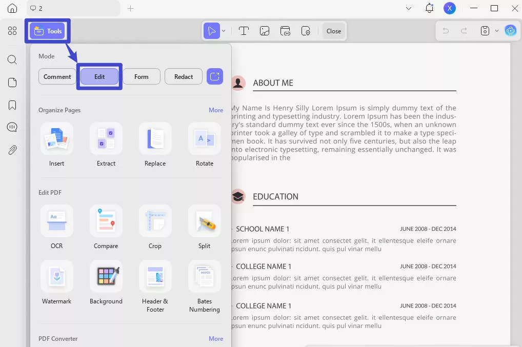add text in PDF to create table of contents in updf
