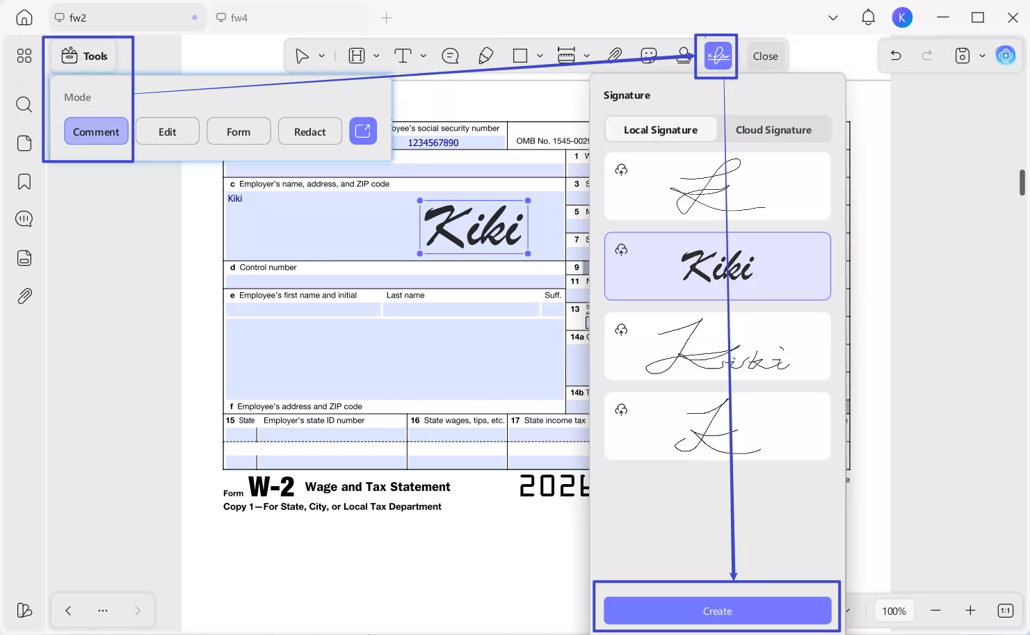 fill and sign the form w2