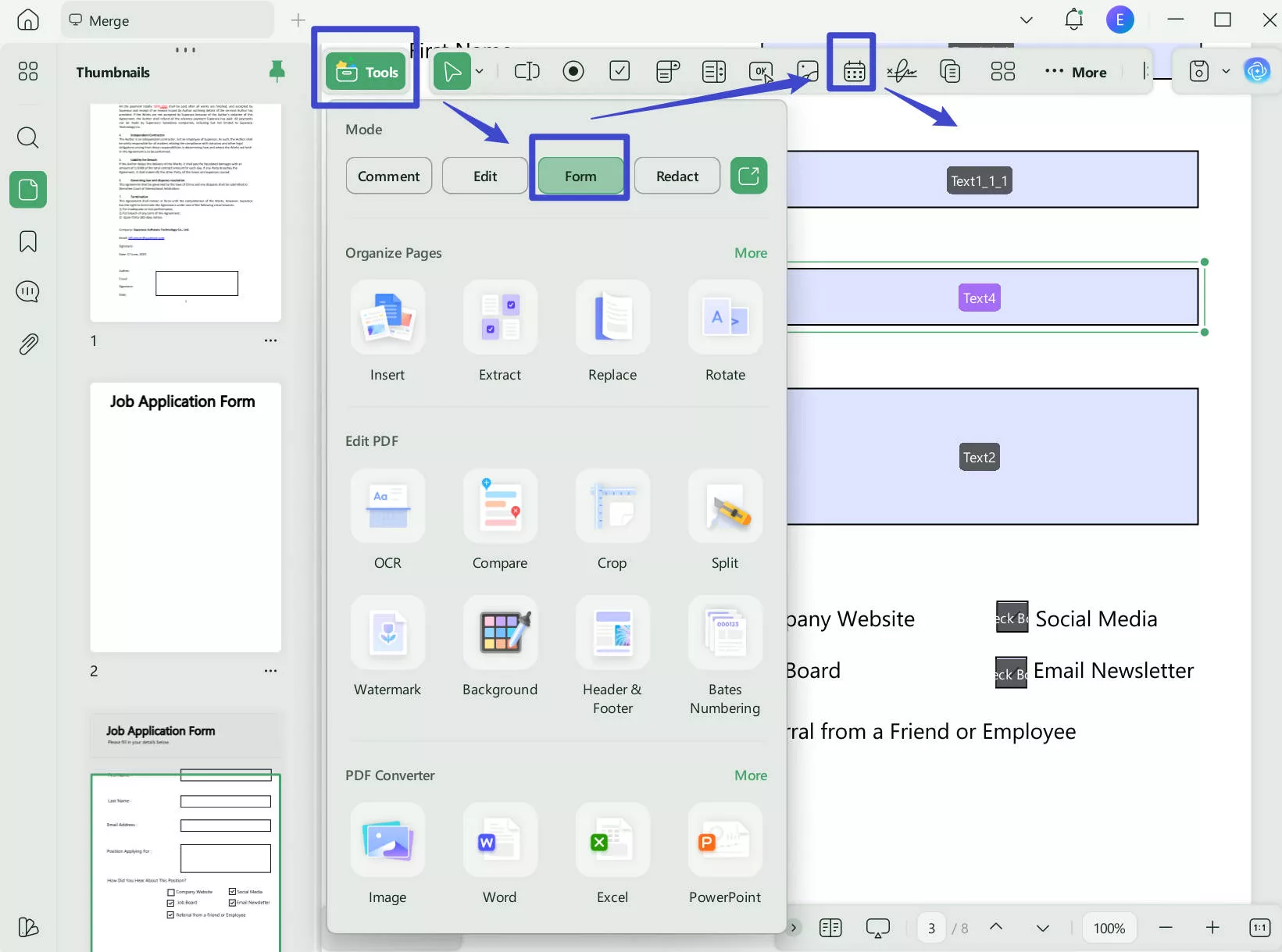 w-2 forms opened in updf windows