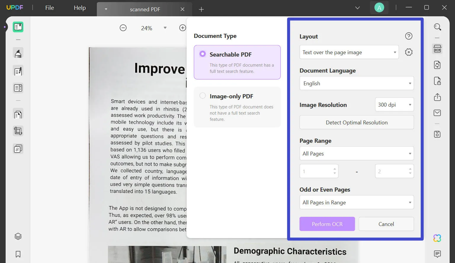 ocr settings to convert scanned pdf to editable pdf