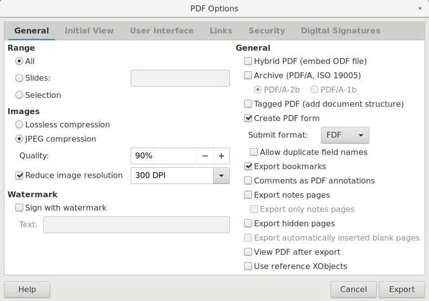 odp to pdf settings openoffice