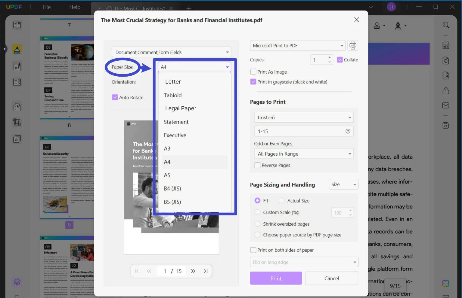 resize pdf to a4 paper size selection