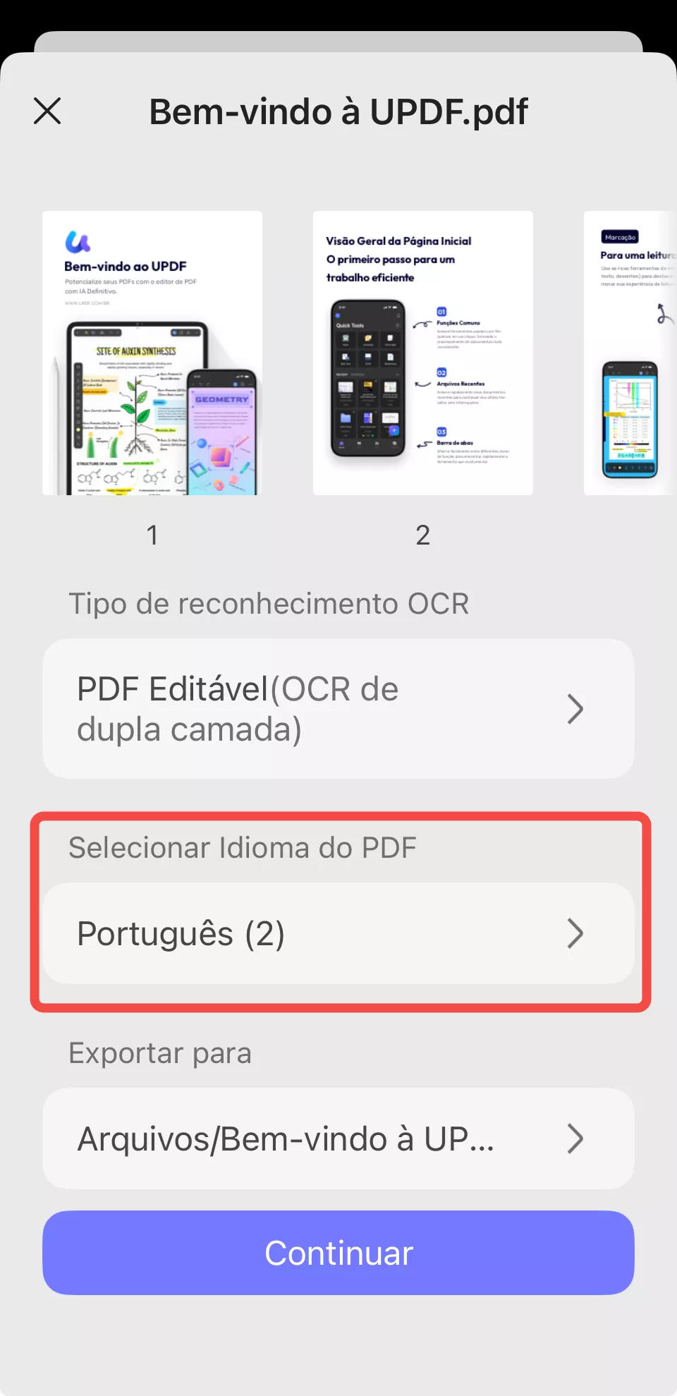 selecionar idioma do pdf