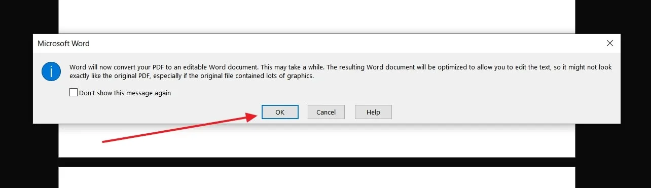 Drücken Sie auf die Schaltfläche OK, um PDF in Word zu öffnen