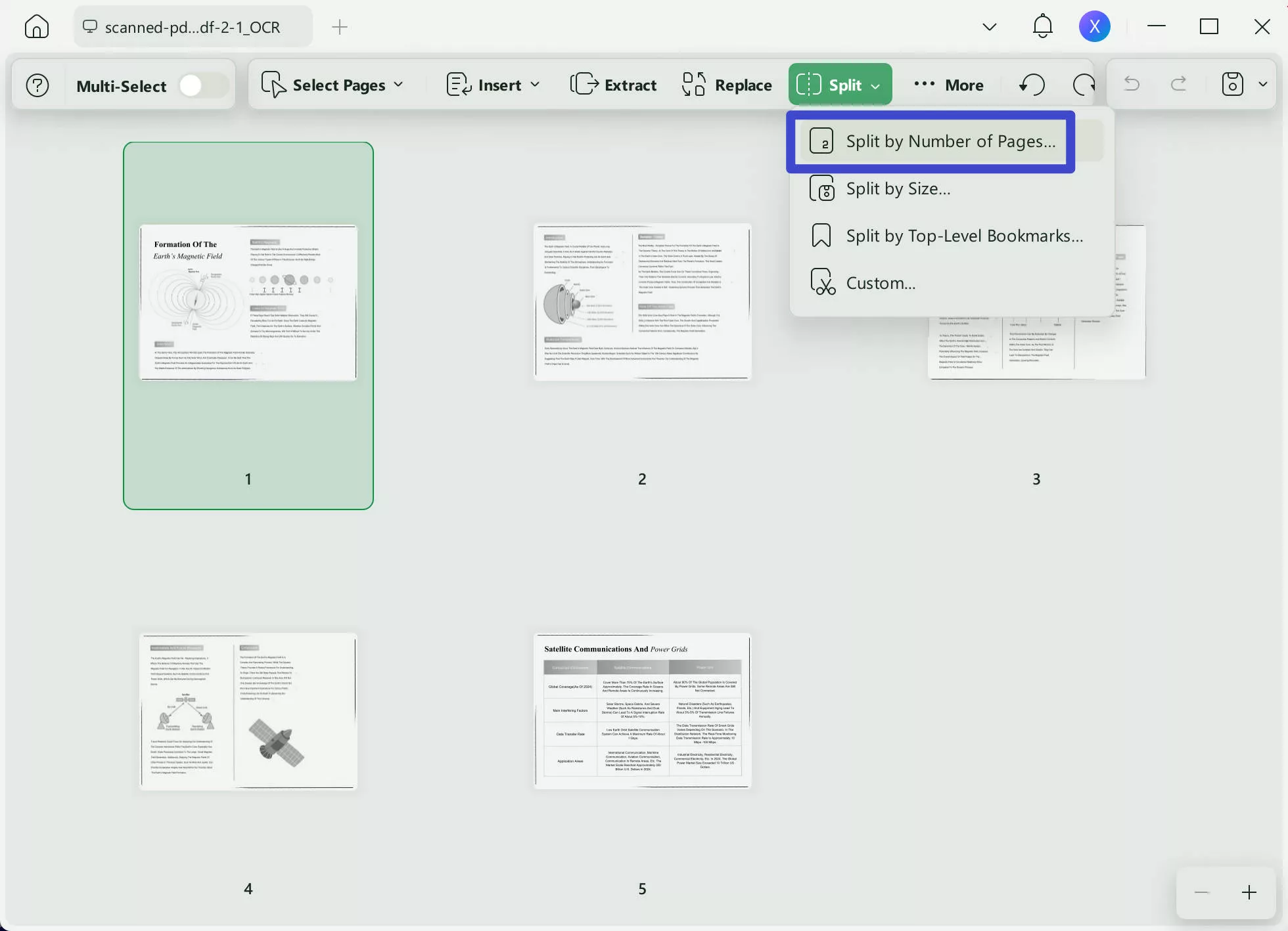 click split by number of pages