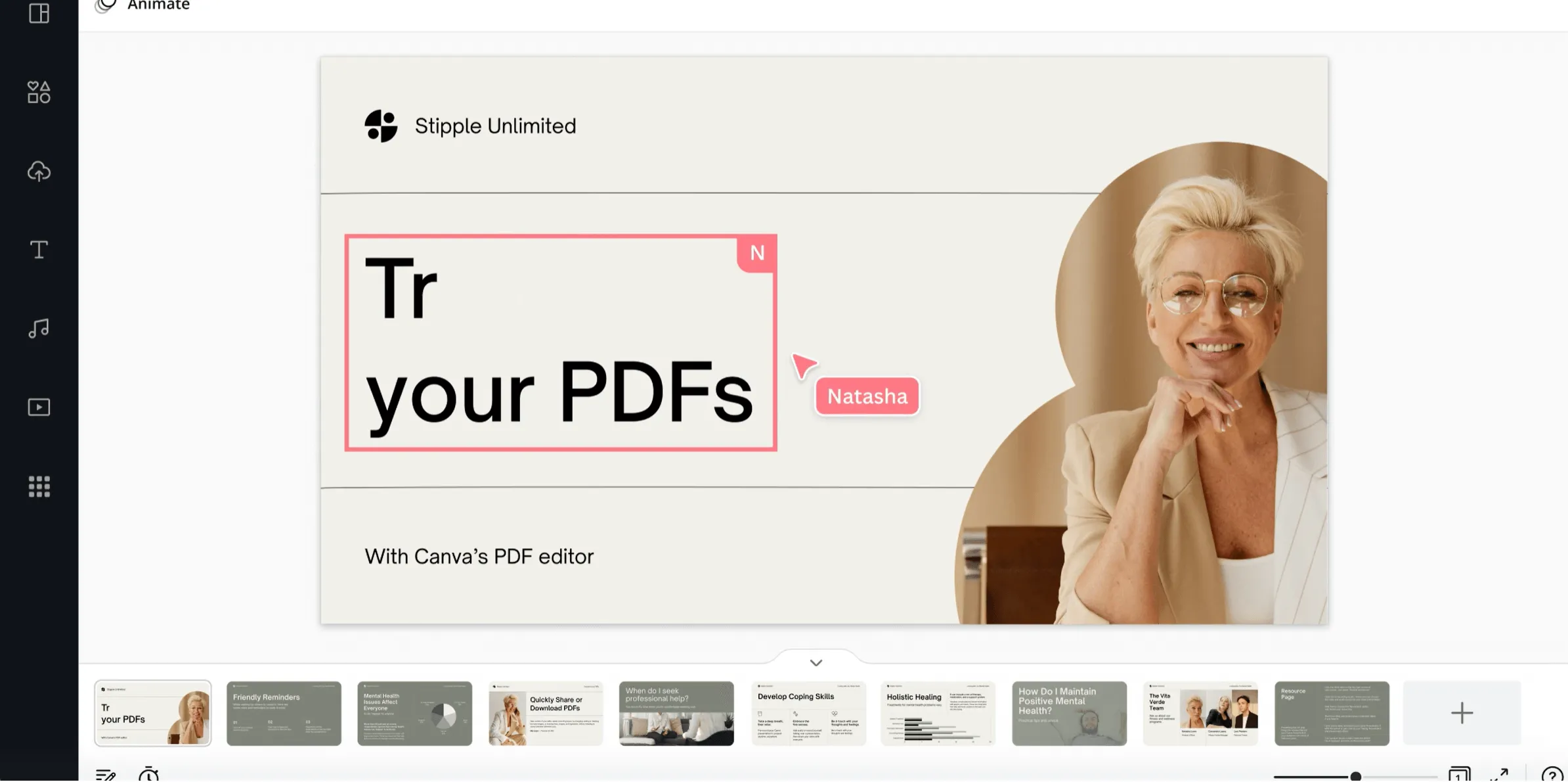 Interfaz del editor de PDF de Canva
