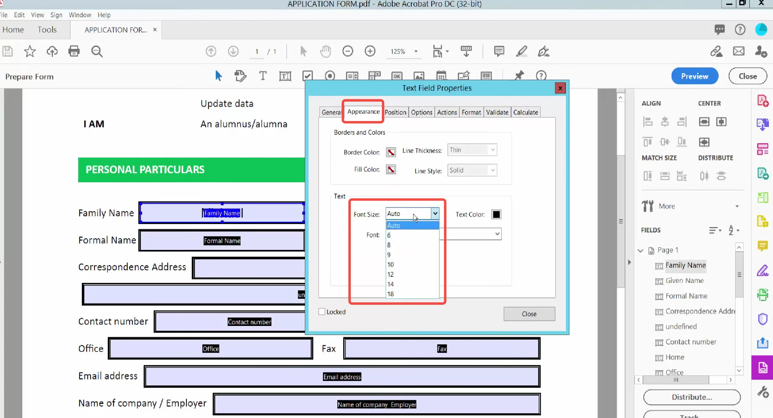 change font size on adobe acrobat