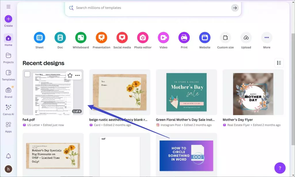 click upload pdf to edit canva windows