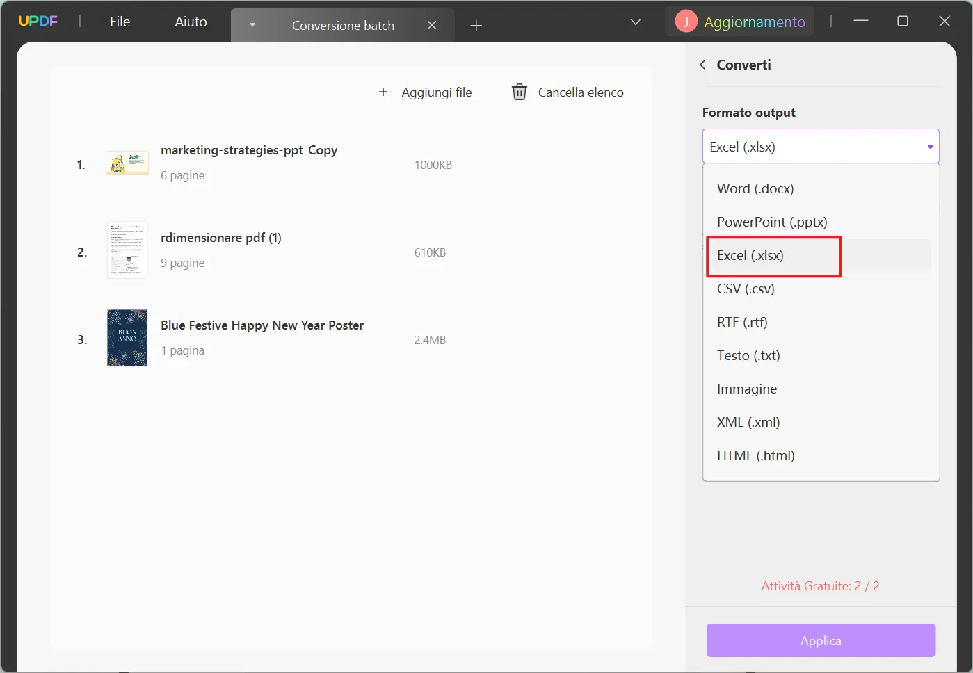 scegli Excel come formato di output