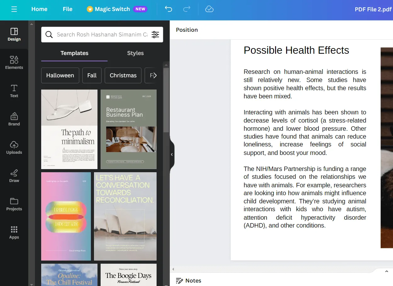 Funciones relacionadas con el diseño del editor de PDF de Canva