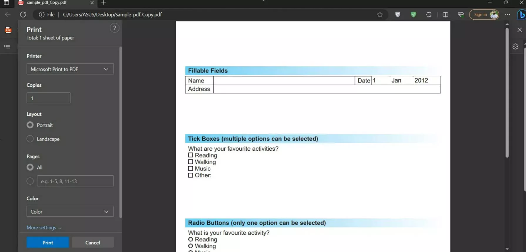 how to print pdf without margins with microsoft edge